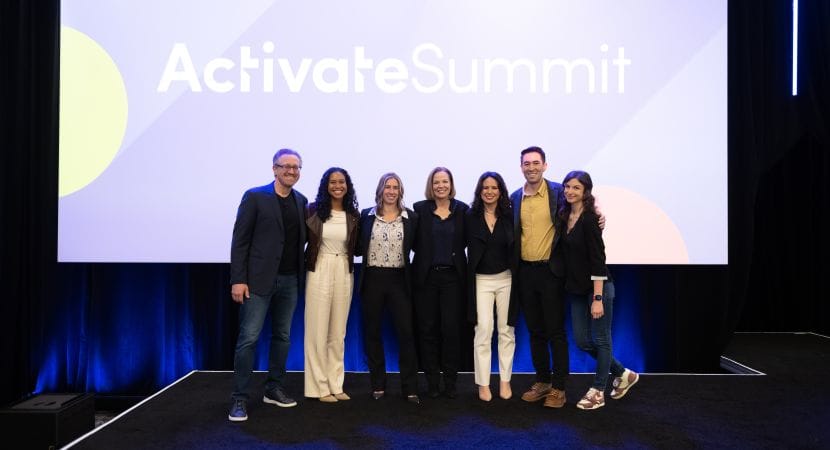 Iterable's leadership team on-stage at Activate Summit 2023 with the CMOs of Strava, Vimeo, and Gitlab.