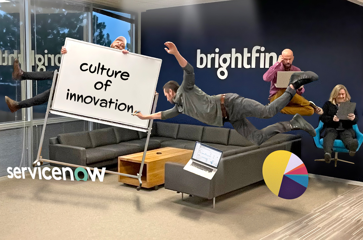Brightfin team members in the office with a whiteboard that says Culture of Innovation