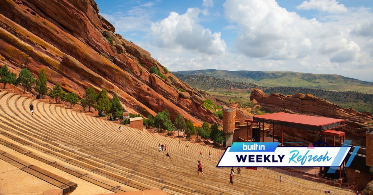 People working out on the bleachers at Red Rocks