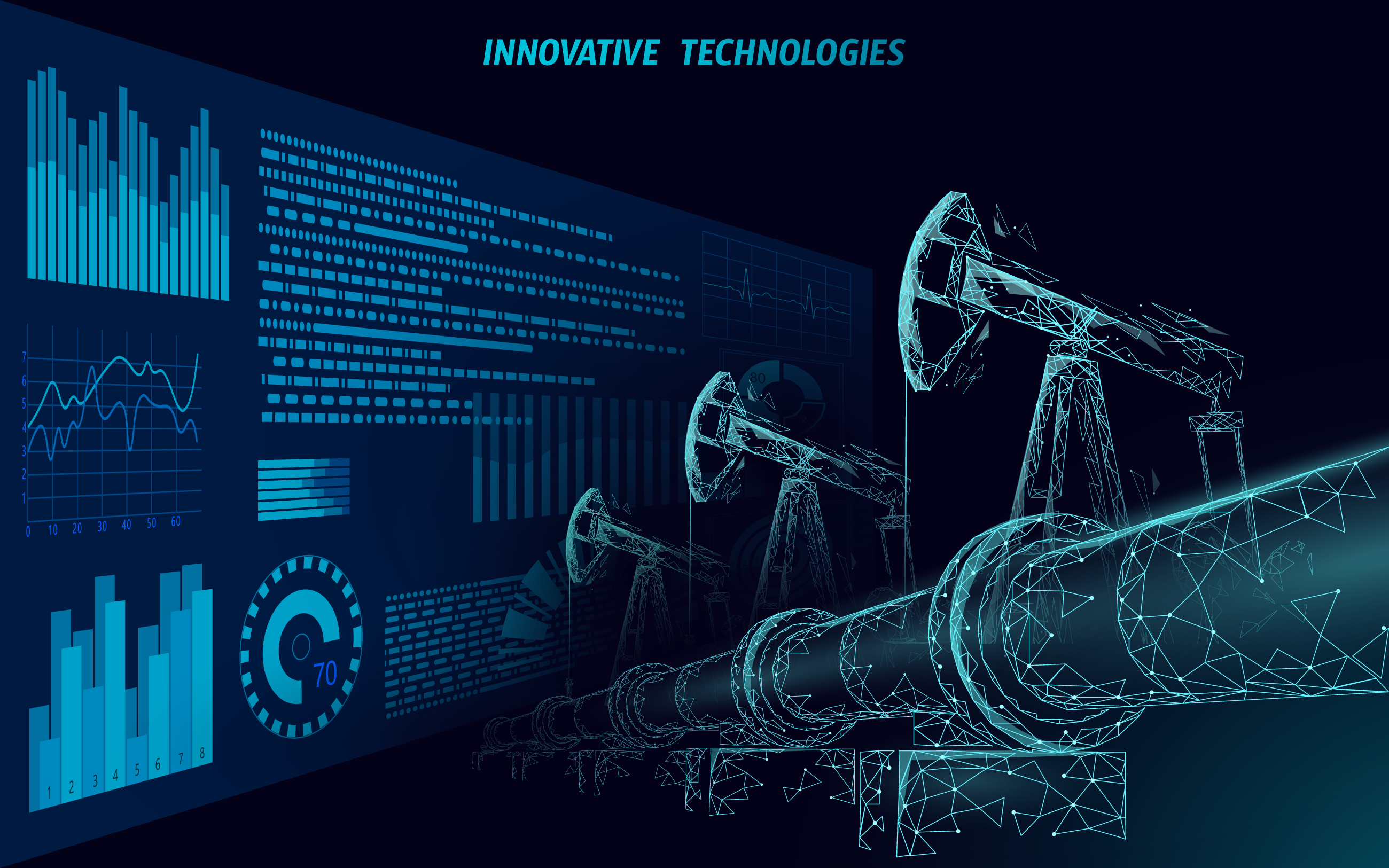 An oil pipeline and derricks with data graphs analyzing energy consumption.