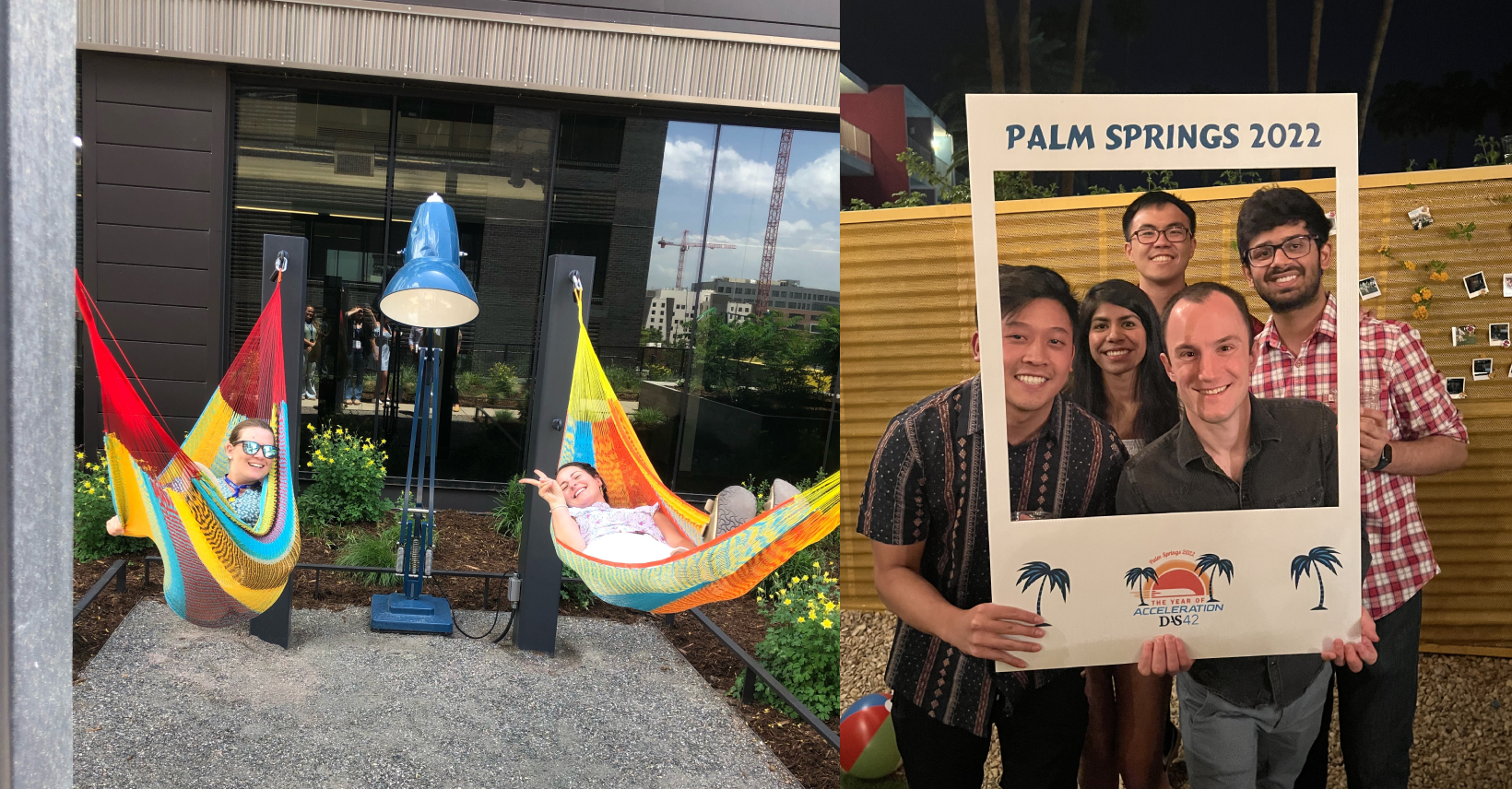 Right: DAS42 team member relax in brightly colored hammocks outside the office. Left: DAS42 team members celebrate while holding a frame that reads "Palm Springs 2022"