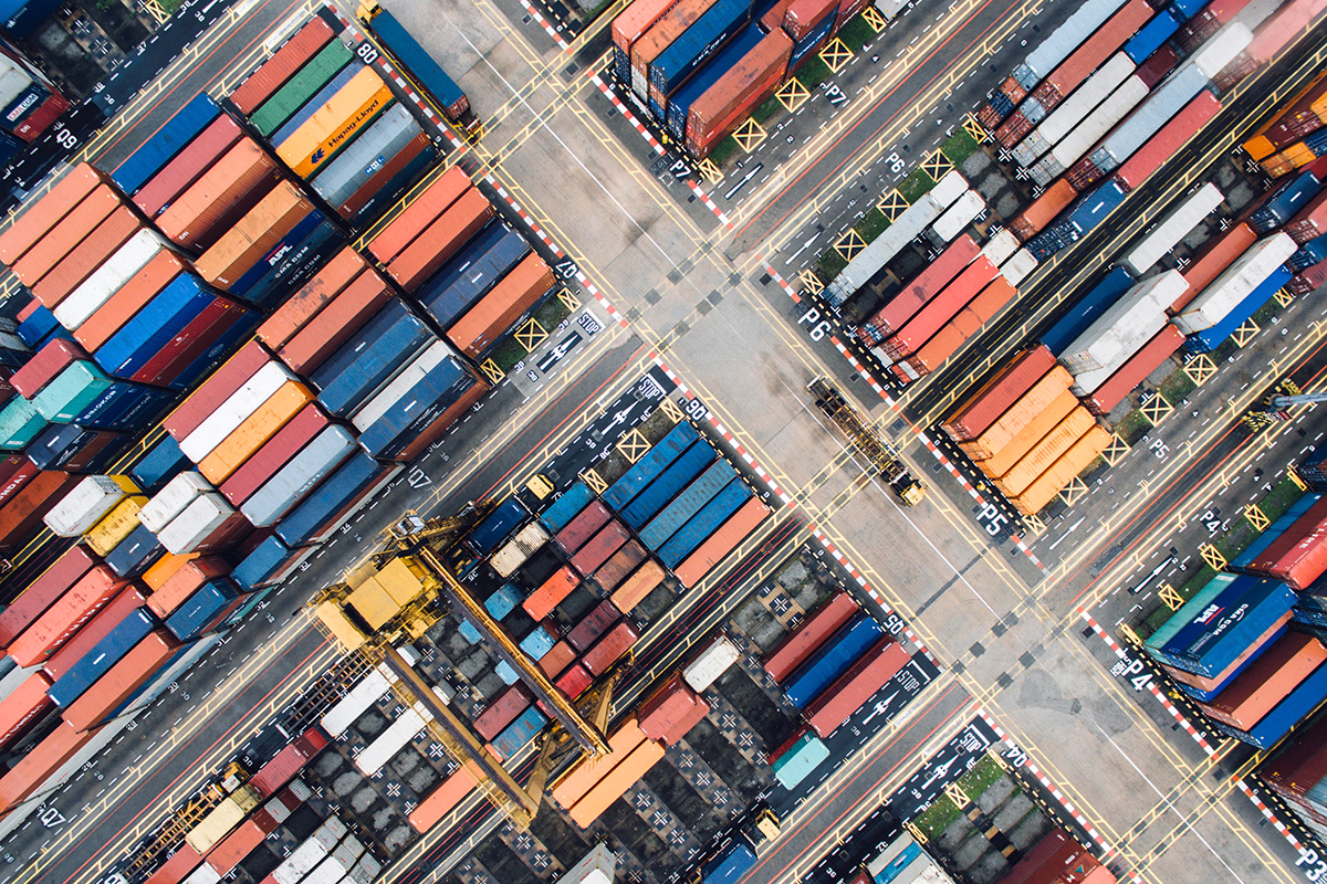 Aerial view of freight containers in a shipping dock