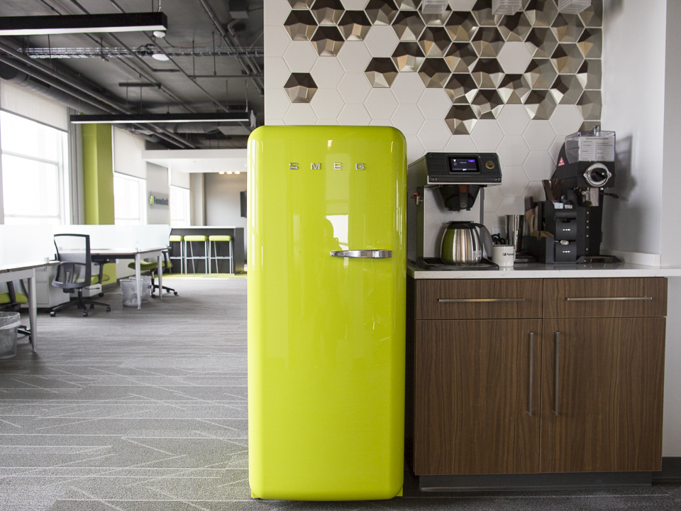 Lime green refrigerator at Formstack's office
