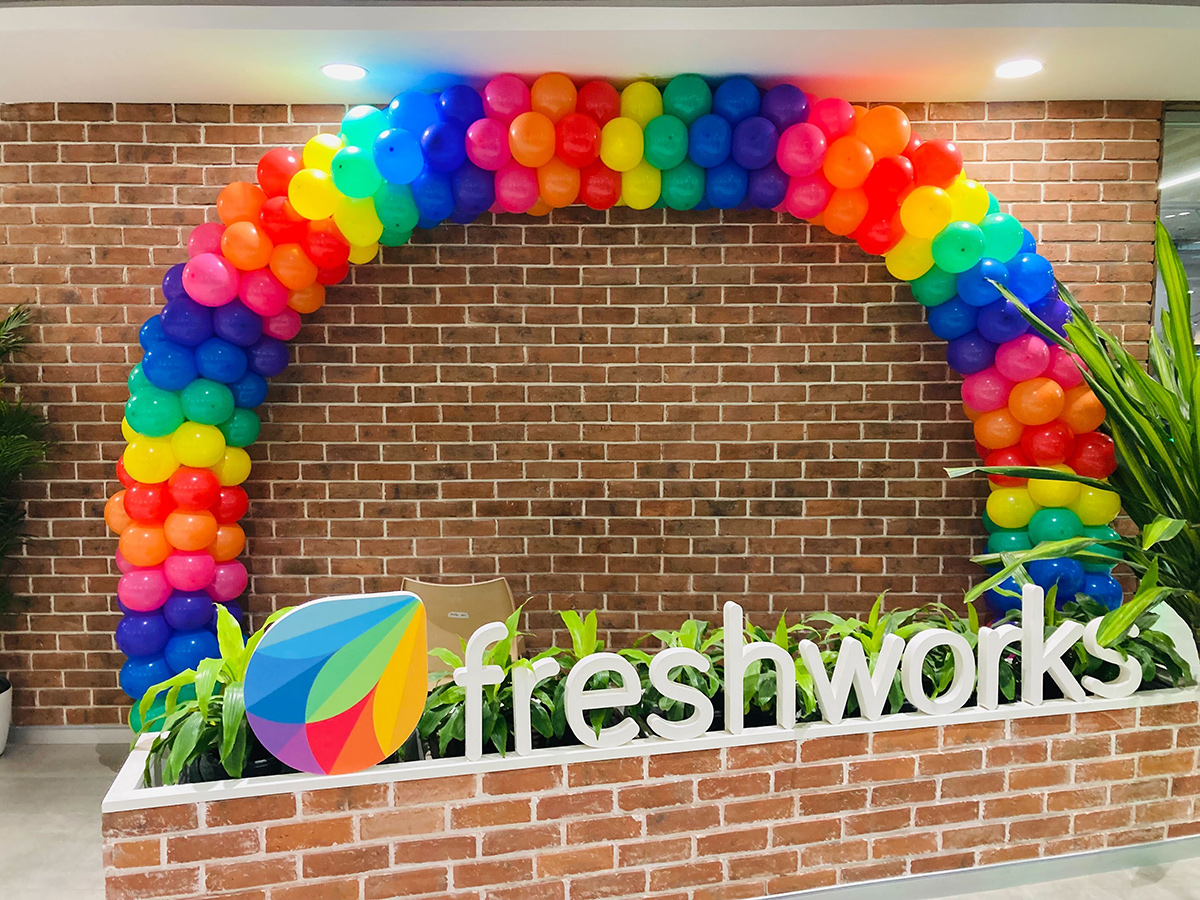 Balloons in rainbow colors in the Freshworks office