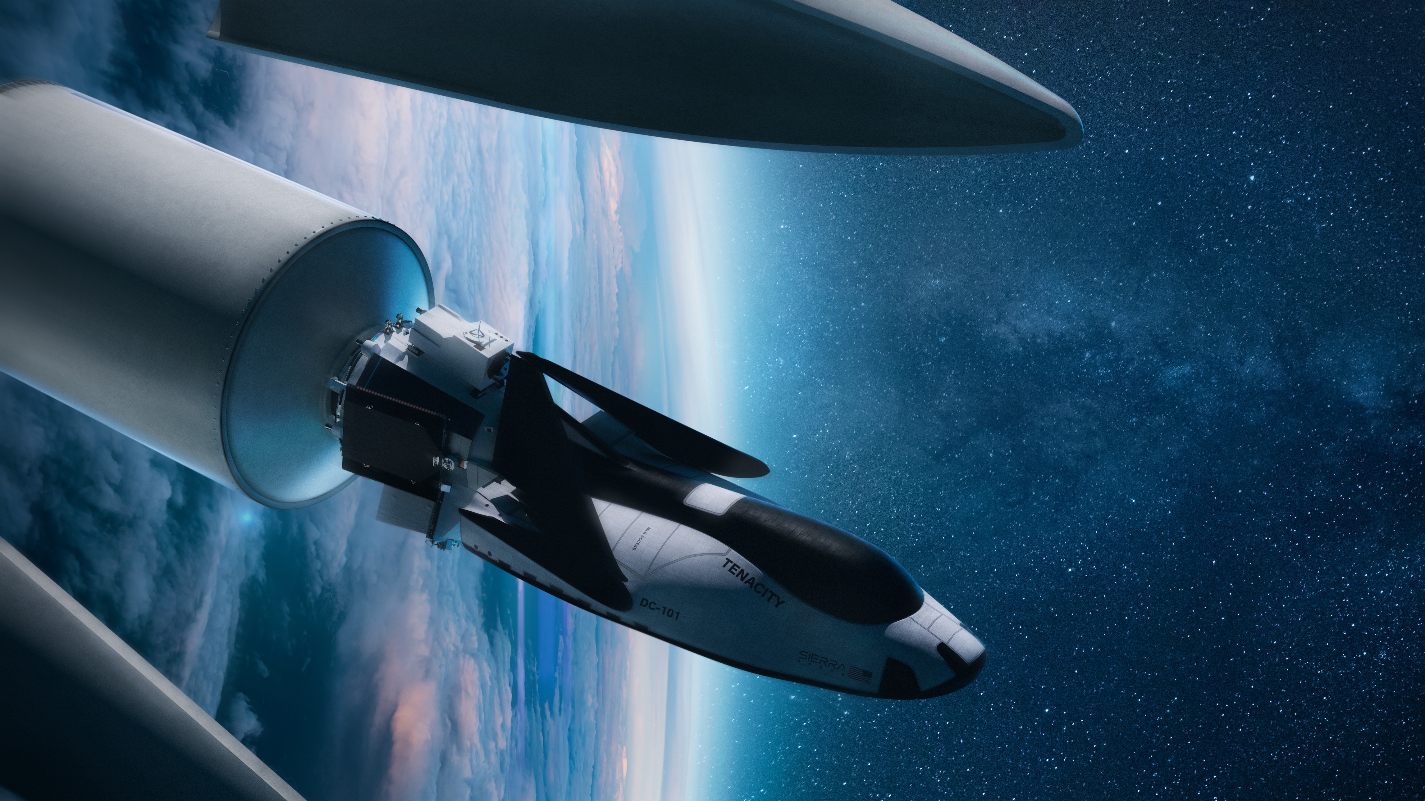 Rendering of the Dream Chaser spaceplane in low Earth orbit