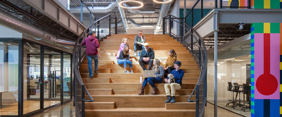 PopSockets team members working on a stairset