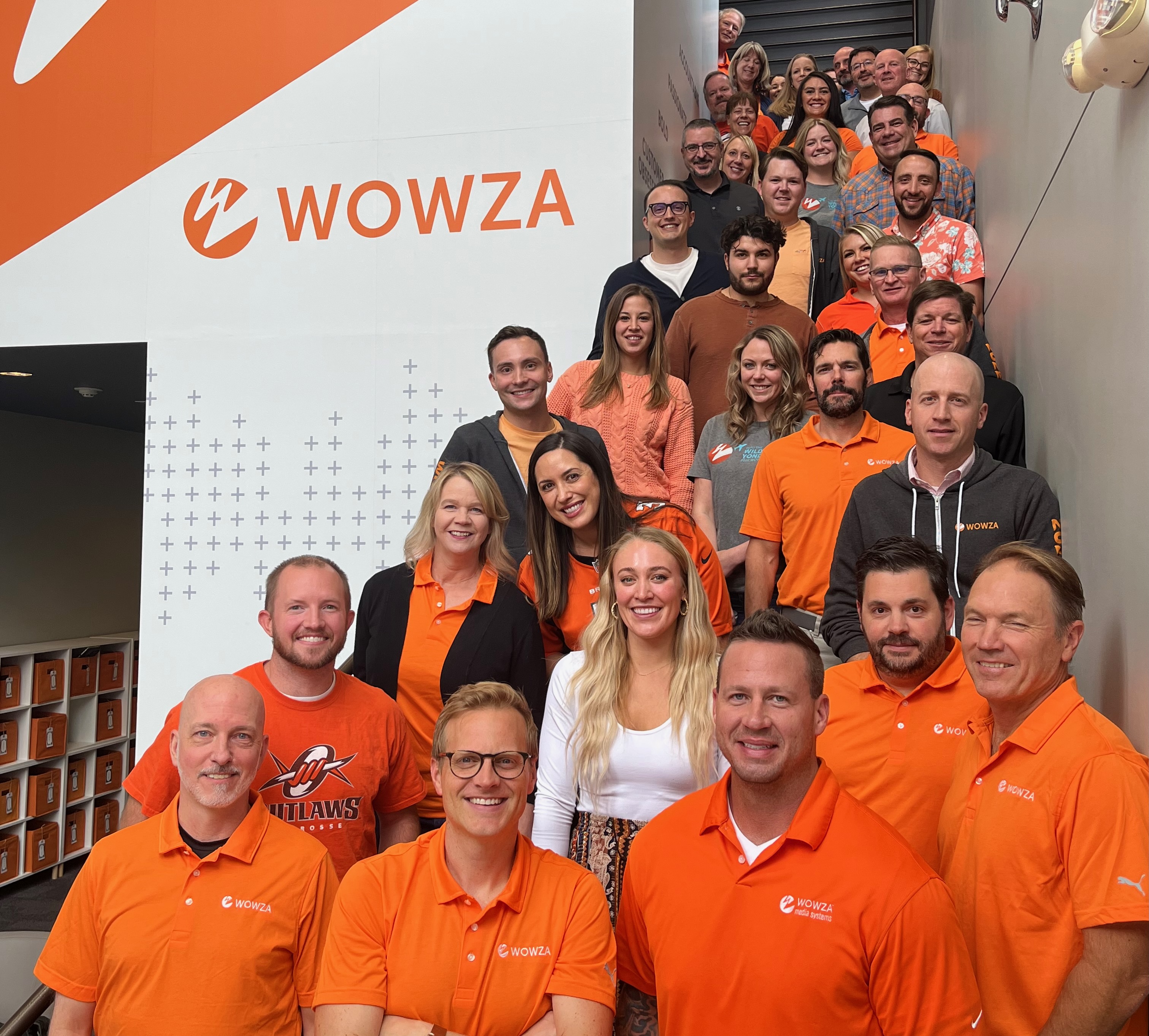 An image of the Wowza team posing on a staircase in their offices.