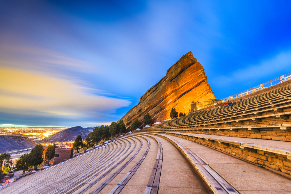 An empty Red Rocks Amphitheatre at dusk.