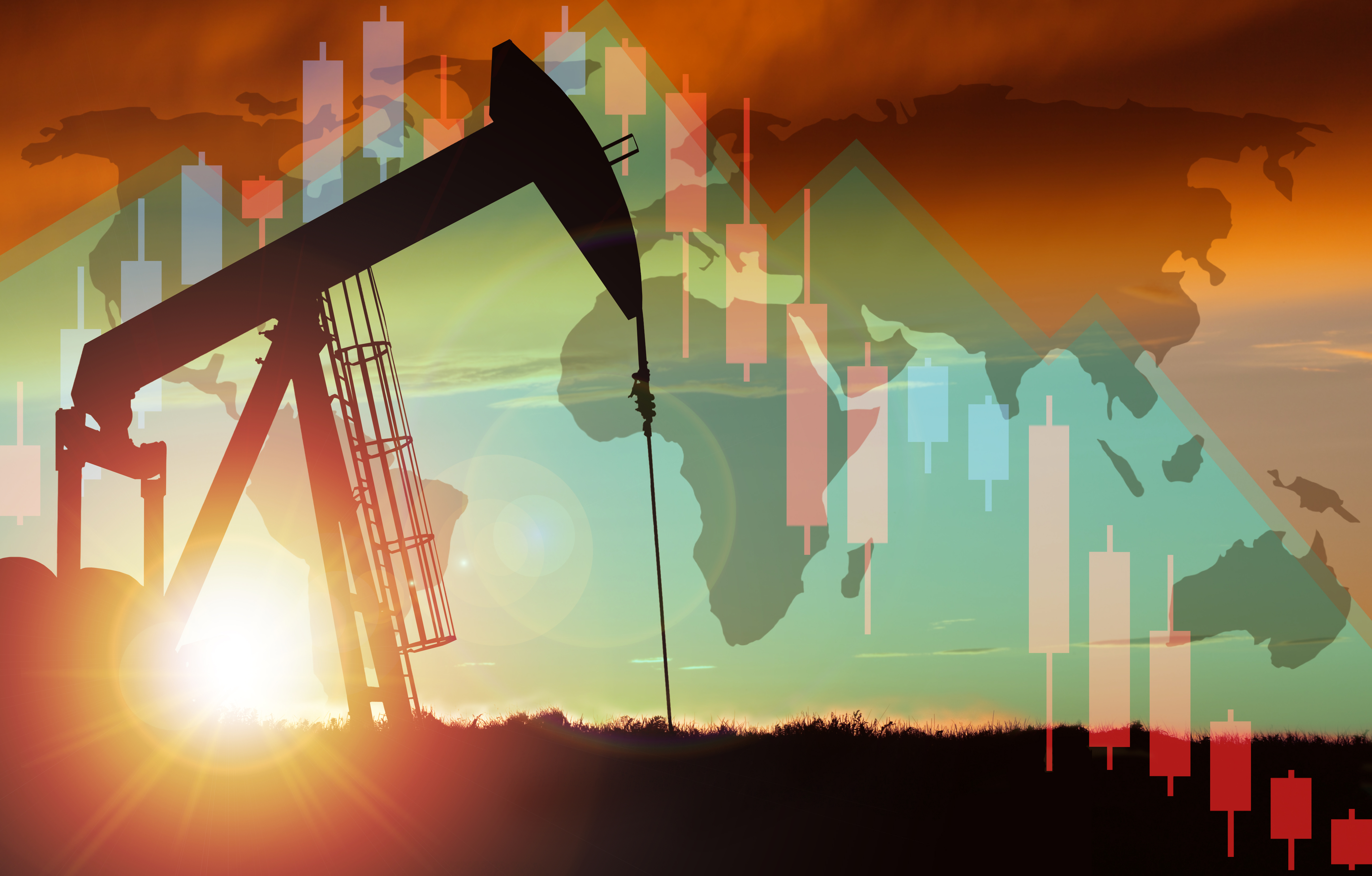 3D rendering of pump jack silhouette against a sunset sky with world map and declining stock chart background.