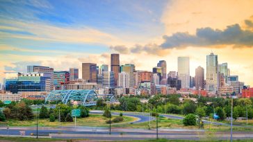 A panorama of the Denver skyline.