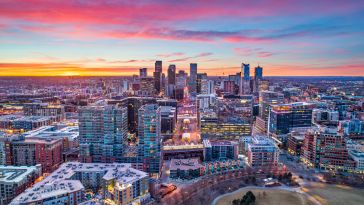 Aerial drone view of the Denver, Colorado skyline