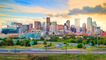 Panorama view of Denver skyline at twilight