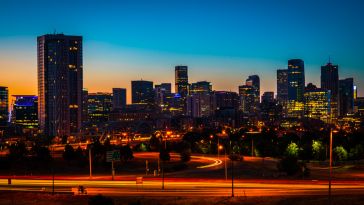 A nightscape timelapse of traffic through Denver at dusk.