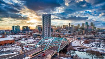 Denver’s skyline at sunrise.