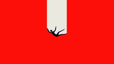 Illustration of a business person falling through a red background, leaving a streak of white behind them. 