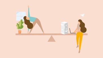 Illustration depicting work life balance with a woman doing yoga on one end of a seesaw and working on a laptop on the other side