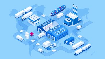 Illustration of air cargo, rail transportation, maritime shipping, warehouse, container ship, city skyline on the world map