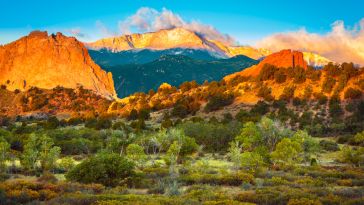 Sunrise looking out over the Garden of The Gods and Pike's Peak in Colorado Springs, Colorado