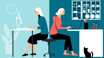 Illustration of a woman in hybrid work place sharing her time between an office and working from home remotely