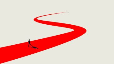 An illustration with the silhouette of a lone character walking on a winding red road that disappears onto the horizon against a stark white background. 