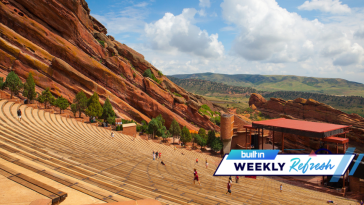 People working out on the bleachers at Red Rocks