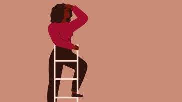 Illustration of a Black woman with natural hair wearing pants and a red top standing on top of a ladder, looking into the distance