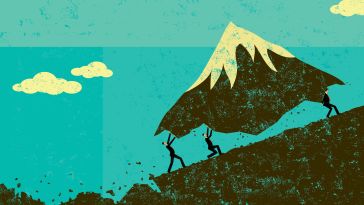 illustration of people moving a mountain uphill