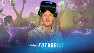 The founder and CEO of Soundscape Eric Alexander stands with a VR headset in front of a screenshot of his platform.