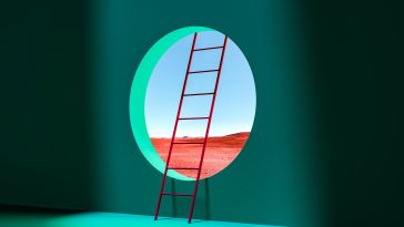Rendering of a dark room with a portal into a vivid outside world with a ladder to climb out. 