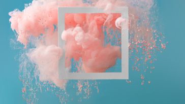 An abstract photo of pink smoke on a blue background and a white frame. 