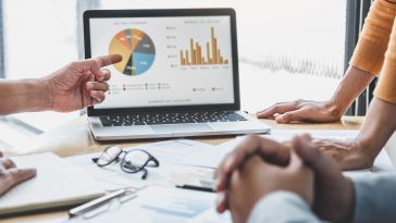 Hands from employees around a table pointing at charts and graphs on a screen.