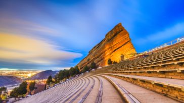 An empty Red Rocks Amphitheatre at dusk.