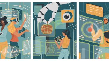 3 panels show women working in various tech roles